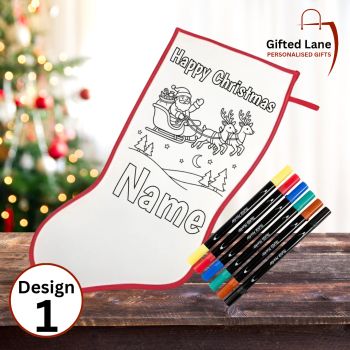 Personalised Christmas Colour In Santa Stocking is a personalised gift with the added fun activity of having the option to colour in a picture on the stocking. Colouring markers also included. Another special personalised gift from Gifted Lane.