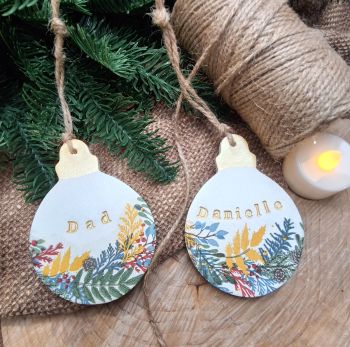 Handmade Christmas clay tree ornament. Decoupaged personalised bauble. 