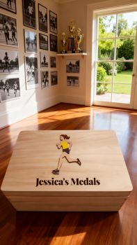 Personalised Running Medals Keepsake box, with option to put club crests on box.&nbsp; Choose male or female runner, hair colour and running gear colour. Box is finished with a non toxic wax. The dimensions of the box are 29cm x 18cm x 13cm a very generous size to store all your well earned medals. The ideal gift for any running fanatics with a medal haul and nowhere to store them. Leave them speechless with this personalised keepsake box, something they will have to cherish their medals . These personalised running keepsake boxes are the perfect gift for a birthday, mothers day, fathers day, communion, confirmation or Christmas present. A truly unique gift. &nbsp;
&nbsp;