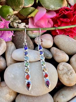 Beautiful Silver Chakra Earrings decorated with 7 Genuine gemstones
Material: Sterling SilverGem: Amethyst, Garnet, Iolite ,Blue Topaz, Peridot, Citrine, and CarnelianEarrings Size: 55mm x 4mm