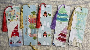 Handmade, laminated Christmas bookmarks.