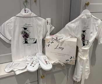 Personalised Girls Satin Communion Pjs - Full Set - floral letter Design
This package includes all of the following, all personalised
Pjs, Robe, GiftBox, Slippers, flute, Keepsake Wooden Heart, Eye Mask Set (mask, scrunchie, pouch) and hanger, Jewellery Box, A4 Welcome Sign and Stand, Greeting Card
Please note this item can take up to 3 weeks to process
Fablous girls satin Pjs with letter/name design in full colour print. Option to add a matching jewellery box, keepsake Box and flute. Available in age 7-12
Please note that pjs can take up to 3 weeks if not in stock
Pjs are all white with either a white trim or black trim depending on stock availability.&nbsp; If you have a preference please add your choice to "notes to vendor" text box
Available in age 8 to 12