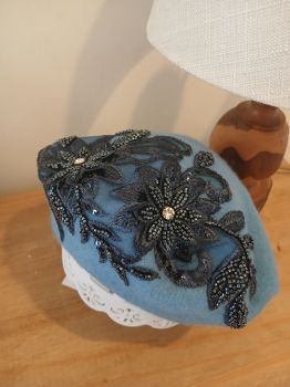 Customised Wool Berèt - Sky Blue - Handsewn 3D Floral Appliquè