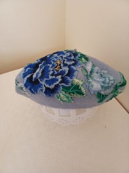 Customised Wool Ber&egrave;t - Sky Blue - Handsewn Floral Appliqu&egrave;