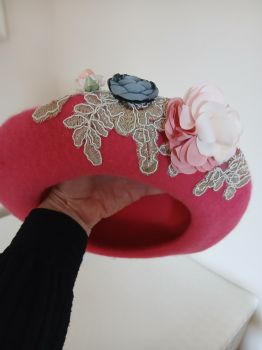 Customised Wool Ber&egrave;t - Coral - Handsewn 3D Floral Appliqu&egrave;