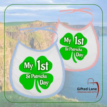 Check out our St Patrick's Day Baby Bib from Gifted Lane. The Bib can be personalised with the design shown but also can be personalised further with any pictures or text on it. And are available in either a Blue or Pink trim colour. They are the perfect present for St Patrick's Day. Another special personalised gift from Gifted Lane.