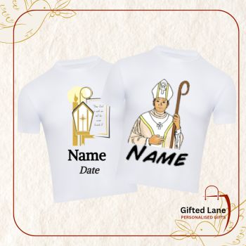 Personalised Confirmation T-shirt is a personalised gift and a keepsake of a special day. They can be personalised with any picture or text and with a date, name and short message on them. Another special personalised from Gifted Lane.&nbsp;