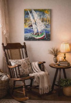 This expressive abstract painting captures a bold boat in a quiet harbor, symbolizing a journey and reflections.
Dynamic brush stroke and vibrant contrast, perfect for any interior, modern, industrial, or nautical!
60/50/4 cm !