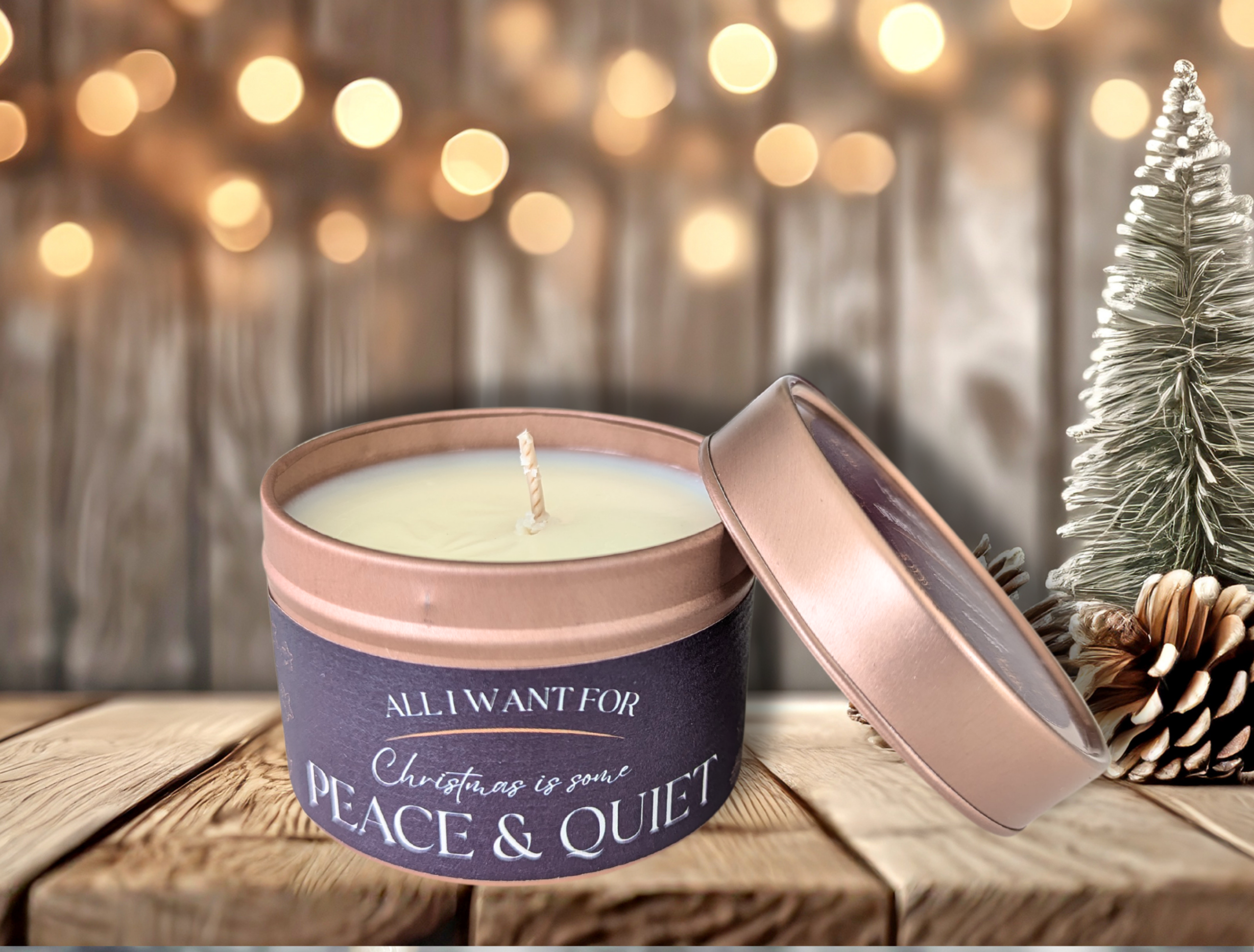 Peace &amp; Quiet Christmas Candle Find a moment of stillness this festive season with our ""Peace Quiet"" Christmas Candle. Nestled in a chic rose gold tin, this Liabelle exclusive fills your space with the warm, inviting scent of Christmas Wishes &ndash; a delightful blend of clove, orange, and cedarleaf. Perfect for creating a cozy atmosphere away from the holiday hustle, it offers approx. 15 hours of burn time. At 100g, it&rsquo;s just the right size for treating yourself or gifting a loved one who craves a little serenity. Unwind. Breathe. Enjoy the peace. This Christmas candle collection is new to our own brand Liabelle Burn Time: Approx 15hrs Scent: Christmas Wishes - Clove, Orange Cedarleaf Volume: 100g