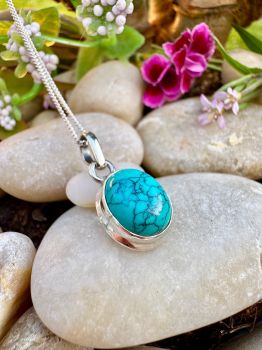 High Polished Oval Turquoise Sterling Silver Necklace
Metal: Sterling Silver
Gem: Turquoise
Stone Size: 11mm x 9mm
Birthstone: December