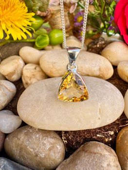 Trillion&nbsp;cut Citrine Bezel set in Sterling Silver Necklace
Metal: Sterling Silver
Gem: Citrine(Grade: AAAAA)
Stone size: 11mm x 11mm
Birthstone: November