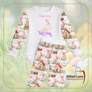 Cosy up for Easter with a Personalised&nbsp; Easter Themed Pyjamas. They are white in colour with either blue or pink bunnies, eggs and chicken design on the trousers and jumper sleeves, and can be personalised with any picture or text on them and with a date or name on them. Another special personalised gift from Gifted Lane
