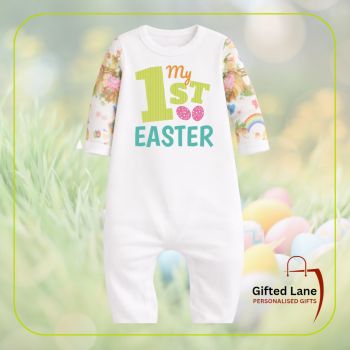 Personalised Easter Themed Baby Vest are a fun and unique gift for a baby this Easter. They are white in colour with pink or blue bunnies, eggs and chicken design on the sleeves, legs and back, and can be personalised with any picture or text on them and with a date or name on them. Another special personalised gift from Gifted Lane