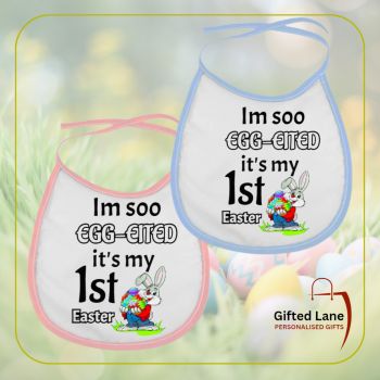 Personalised Easter Baby Bib are a fun and unique gift for a baby this Easter. They are white in colour and available in 3 different trim colours. They can be personalised with any picture or text on them and with a date or name on them. Another special personalised gift from Gifted Lane