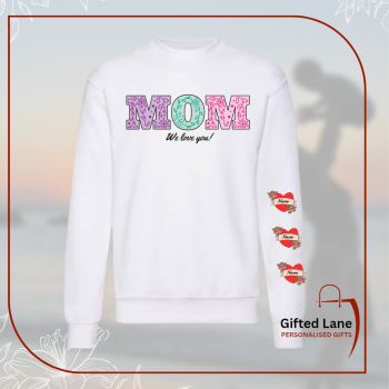 Choose from two designs for a unique Mother's Day Sweatshirt which is personalised with her children names in a heart on the sleeve of the Sweatshirt. A special keepsake&nbsp; and a personalised gift for Mothers, New Mothers or Grandmother's. They can be personalised further with any picture and text. Another special personalised gift from Gifted Lane. Remember a personalised gift from Gifted Lane is always a special gift