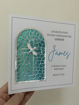 Stained Glass Confirmation Keepsake Card with Dove Ceramic Pin &ndash; 7x7
Celebrate a special day with this exquisite 7x7 keepsake card, crafted on premium, durable stock. Its holographic foil stained glass window design in two shades of dark blue, turquoise, and soft pink catches the light beautifully, creating a radiant, jewel-toned effect.
Fully personalized with all the details of the big day, this card becomes a unique and meaningful memento. Each card also comes with a delicate&nbsp;dove ceramic pin, symbolizing peace, faith, and the Holy Spirit, making it a cherished gift and lasting keepsake.
Perfectly designed to be framed alongside a photograph, this combination transforms into a heartfelt display of faith, love, and celebration.


Size: 7x7 inches


Premium quality card stock


Holographic foil stained glass window design


Color palette: dark blue, turquoise, pink


Personalized with all event details


Includes a dove ceramic pin


Frameable keepsake

