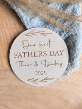 Celebrate your first Father's Day with a Personalized Engraved Wooden Plaque, a beautiful keepsake for dad and baby. Customize with names and the current year, available in three sizes. Perfect for nursery decor, photo props, or as a heartfelt gift to cherish forever.