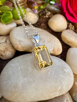 Emerald cut Citrine Bezel set in Sterling Silver Necklace
Metal: Sterling Silver
Gem: Citrine(Grade: AAAA)
Stone size: 12.5mm x 8.5mm
Birthstone: November