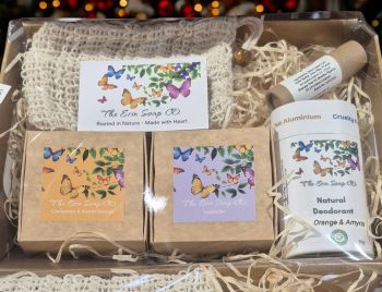Gift Set of Handmade Natural Skincare.
2 Hand &amp; Body Soaps
1 Natural Deodorant&nbsp;
1 Natural Lip Balm&nbsp;
1 Soap Saver
&nbsp;
After purchase we will email you with the variants to choose from.