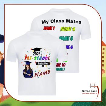 These T-shirts can personalised with any pictures or text on them for a child graduation for pre-school / playschool, these t-shirts can be personalised with the Child Name, Class Name, Date and even Names of their classmates or pictures of them and their classmates. It is a nice present for someone to remember their Pre School Times. Another special personalised gift from Gifted Lane. Remember a personalised gift from Gifted Lane is always a special gift.