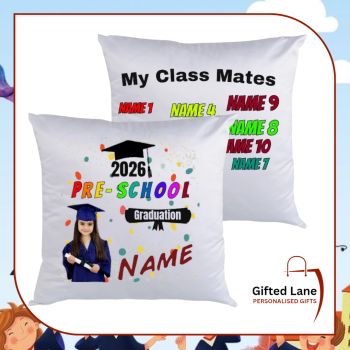 These Pre-School / Playschool cushions can be personalised with any pictures or text on them for a child pre-school graduation. Either with the Child Name, Class Name, Date and even Names of their classmates or pictures of them and their classmates. It is a nice present for someone to remember their Pre-school / Playschool School Times. Another special personalised gift from Gifted Lane.&nbsp; Remember a personalised gift from Gifted Lane is always a special gift.