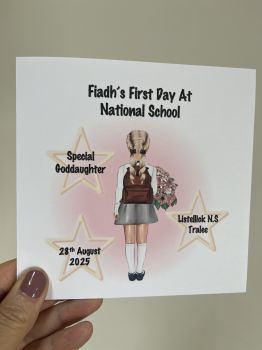 🎀&nbsp;A Beautiful Keepsake for a Little Girl&rsquo;s First Day of School&nbsp;🎀
Make her&nbsp;first day of school&nbsp;truly unforgettable with a&nbsp;handmade Trinket Card&nbsp;&mdash; a keepsake to&nbsp;treasure forever.
Perfect for&nbsp;daughters,&nbsp;granddaughters,&nbsp;goddaughters,&nbsp;sisters,&nbsp;cousins, or special little&nbsp;friends, this card captures the magic of a milestone moment.
✨&nbsp;Personalised with:


Her&nbsp;name


School name


Date&nbsp;of her first day


Your chosen&nbsp;relation


💖 Choose from a selection of&nbsp;hairstyles,&nbsp;hair colours, and&nbsp;skin tones&nbsp;to make it beautifully personal and truly hers.
🌸 Finished with&nbsp;sparkling glitter detail&nbsp;on the flowers and designed to be&nbsp;framed alongside a photo of the big day, this card becomes more than just a greeting &mdash; it's a&nbsp;cherished memory in the making.
Handmade with love. A card to give, a moment to keep.