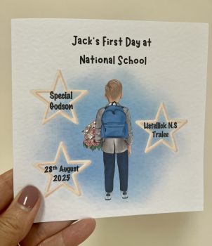 🎒 A Beautiful Keepsake for a Little Boy’s First Day of School 🎒
Make his first day of school extra special with a handmade Trinket Card — a keepsake to treasure forever.
Perfect for sons, grandsons, godsons, brothers, cousins, or special little friends, this card captures the excitement and pride of a big milestone.
✨ Personalised with:
His name
School name
Date of his first day
Your chosen relation
💙 Choose from a range of hairstyles, hair colours, and skin tones to make it truly personal and meaningful.
🖍️ Designed to be framed with a photo from the big day, this card becomes a lasting memory of that proud moment.
🌟 Handmade with love and finished with subtle design details — a card to give, a memory to keep.
🎨 Customise His School Look!
You can personalise the outfit with the following options:
👖 Trousers: Navy, Grey, or Green👕 Shirt: White or Light Blue🎒 School Bag: Blue or Maroon
To request changes, simply add your preferences in the "Additional Information" section at checkout.If no preferences are noted, your card will be created using the default colours shown in the product photos.
