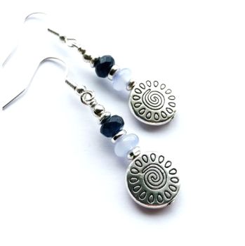 Presenting Liv&hellip;. created with antique silver spiral beads, pale blue opaque glass beads, natural jade gemstones (dyed), silver plated beads and ear wires, the earwires are nickel free and suitable for sensitive ears. These lovely earrings are light and comfortable to wear&hellip; Elevate your style with these handmade bespoke beauties! They arrive in a pretty organza bag&hellip; and&hellip; have free shipping!