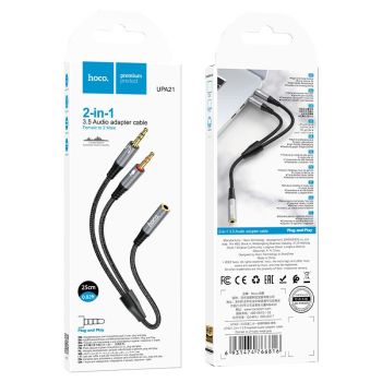 High-quality Hoco UPA21 audio adapter cable (25cm)
for converting 3.5mm female to dual 3.5mm male (mic & headphones).
Durable aluminium alloy with nylon braid.
