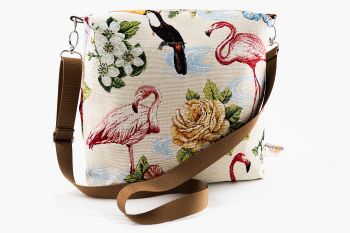 Exclusive handmade shoulder bag, Flamingo printed sturdy twill fabric. Adjustable strap and zip closure.