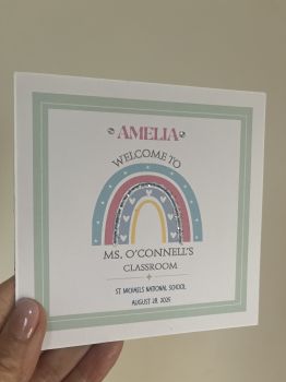 Especially Designed for TeachersMake your students’ first day unforgettable with a custom welcome card created just for classrooms. Each card features the student’s name, your name, school name, and school year, with sparkling glitter and gem details for an extra-special touch. Perfect for welcoming each child individually and framing with a first-day photo—creating a keepsake families will treasure for years. Minimum Order of 5