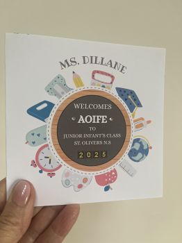 Especially Designed for TeachersMake your students’ first day unforgettable with a custom welcome card created just for classrooms. Each card features the student’s name, your name, school name, and school year, with sparkling glitter and gem details for an extra-special touch. Perfect for welcoming each child individually and framing with a first-day photo—creating a keepsake families will treasure for years. Minimum Order of 5