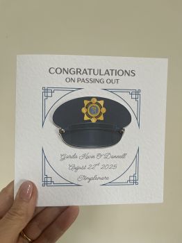 Personalised Garda Graduation/Passing Out/Promotion/Retirement Card
Mark the significant milestone in the life of a Garda with this beautifully handcrafted card:

Customizable for Any Occasion:&nbsp;Perfect for graduations, passing out ceremonies, promotions, or retirements.
Special Details:&nbsp;Features the Garda S&iacute;och&aacute;na logo, adding a unique and professional touch to honor the recipient&rsquo;s service.
Personalised Design:&nbsp;Includes the recipient&rsquo;s name, rank, or other details to make the card truly one of a kind.
Keepsake Quality:&nbsp;More than just a card, it&rsquo;s a treasured memento of their achievements and dedication.

A heartfelt way to celebrate and show appreciation for the hard work and commitment of someone serving in the Garda S&iacute;och&aacute;na. 🎖️💙