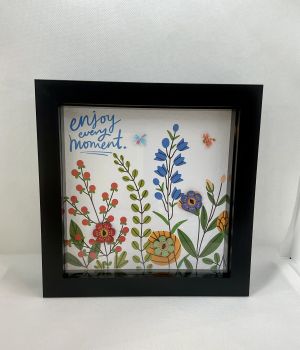 Buttons frame. Flower printed design with inspirational quotes and embellishments. Home decor. Gift for her. Handmade decoration.