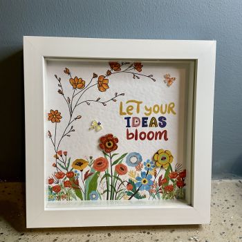 Buttons frame. Flower printed design with inspirational quotes and embellishments. Home decor. Gift for her. Handmade decoration.Felt flower