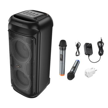 &nbsp;
HOCO HA13 Max Bluetooth karaoke speaker with 2 wireless microphones, RGB LED lights, 40W output, and multiple playback modes. Perfect for parties.