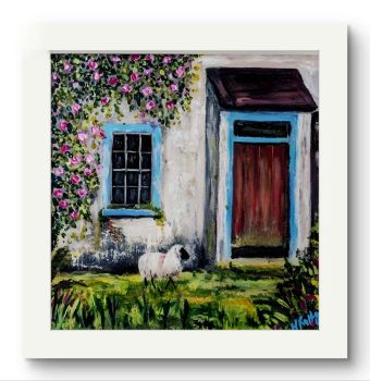 "Glimpse of the past" limited edition print featuring a sheep outside an old abandoned cottage with blue windows