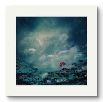 "A fleeting moment" limited edition print featuring a cherry blossom tree on a waterfall against a cloudy atmospheric background. finished with gold leaf