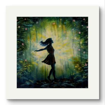 "Dance of the faeries" limited edition print featuring a magical figure of a woman dancing in a woodland fairy ring against a cloudy atmospheric background. finished with gold leaf. dance of the faeries