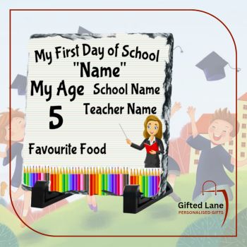 Create a memory and mark the special occasion of the First Day of School or Pre School with a personalised photo slate. They can be personalised with a photo of the child or with any picture and / or text of them with the child details of their First Day of School. Another special personalised gift from Gifted Lane. Check out our store today and view our range of personalised gifts from Gifted Lane. Remember a personalised gift from Gifted Lane is always a special gift.