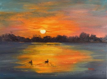 SUNSET OVER RIVER| Original Oil Painting | Canvas 16" x 12" | Peaceful Sunset | Nautical Wall Art | Sunset Lover Gift | Reflections | Ducks