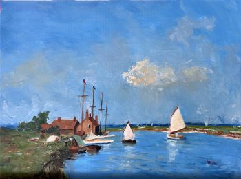 Oil Painting | replica from Edward Seago | Summer on the Norfolk Broads | canvas 16" x 12" | classic artwork | summer scenery | boats lover