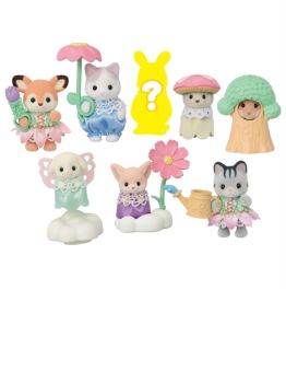 Discover the adorable Blooming Baby Friends! Each blind bag includes one Sylvanian Families baby figure with a charming flower-themed accessory or costume.
