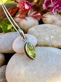 
Brilliant marquise cut Peridot bezel set in Silver Necklace
Metal: Sterling Silver
Gem: Peridot
Stone Size: 10mm x 5mm
Birthstone: August