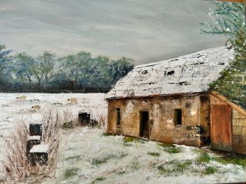 THE OLD SHEEPCOTTAGE &nbsp;in Winter | Original Oil Painting | 16"x12" Canvas &nbsp;| Snowy Landscape Art | Rustic Wall D&eacute;cor | Handmade Home Artwork
&nbsp;