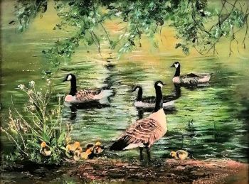  It is so relaxing to watch the birds in a pond. A great way to unwind during lunch break or to entertain the children.
Not many can pass by without stopping to enjoy the activity.
This original painting is 30cm x 40cm ane measures 42 x 52cm in its white wooden frame
