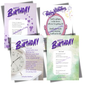 Small cards, words that touch.
Bundle of four birthday cards with original poetry from Sandra Matthews. 