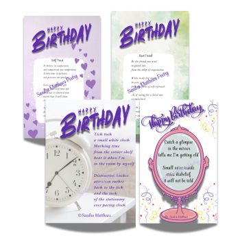 Small cards, words that touch.
Bundle of four birthday cards with original poetry from Sandra Matthews.