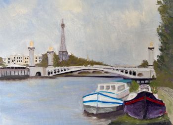 Eiffel Tower Oil Painting: Paris Seine River Cityscape, Canvas 16"x12"