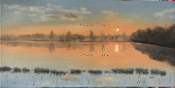 Original Sunrise Oil Painting: Golden Hour Marshland Landscape, Canvas 12"x24"